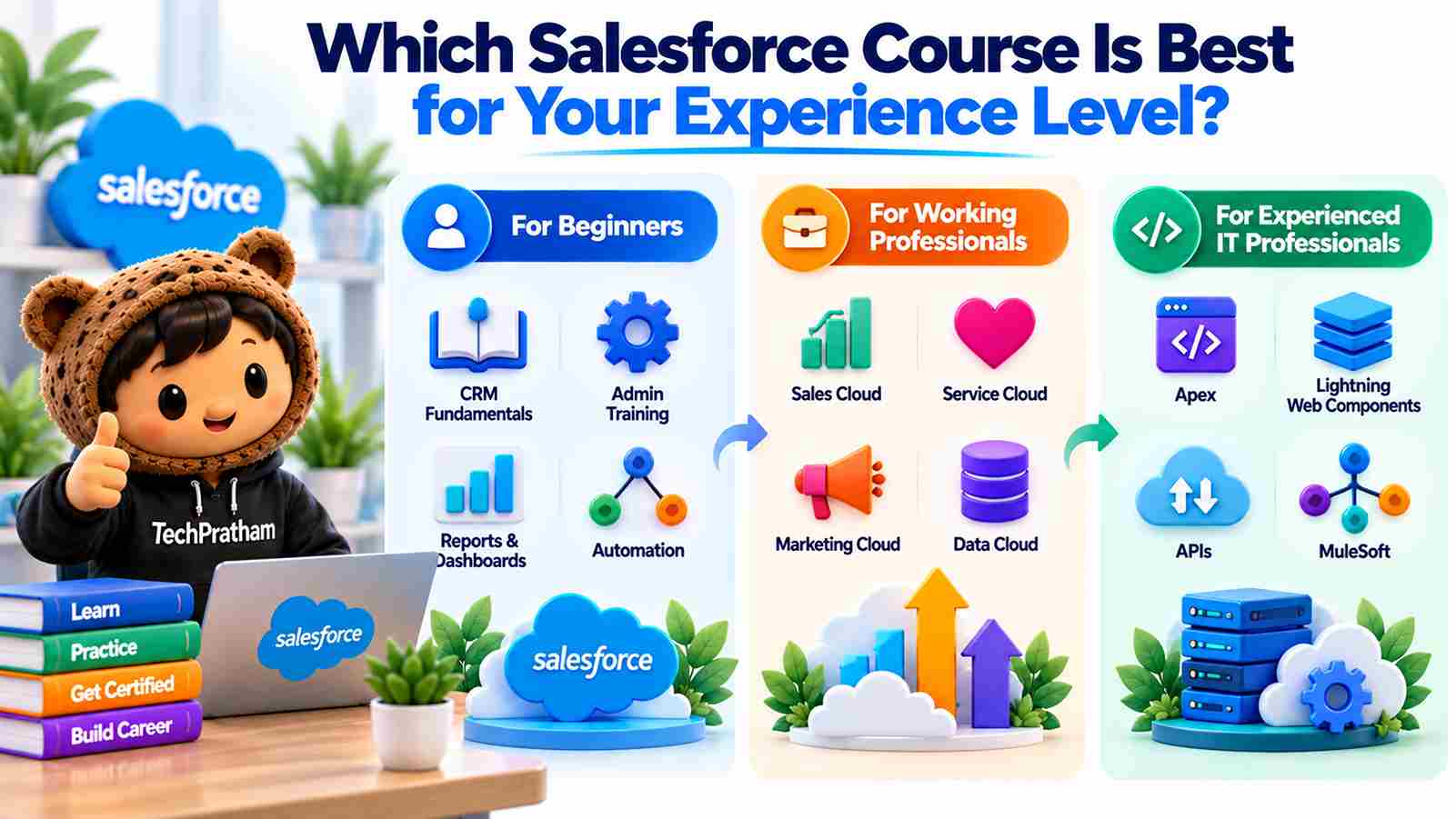 Salesforce courses for beginners, working professionals, and experienced IT professionals, Admin, Developer, Sales Cloud, Service Cloud, and MuleSoft training options.